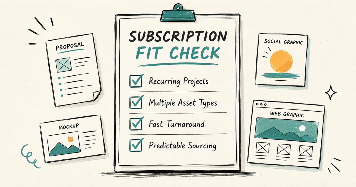Illustrated freelance design desk with recurring client deliverables, mockups, decks, social graphics, fonts, and stock assets organized into one subscription workflow.
