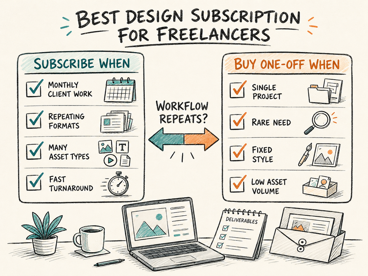 Decision guide contrasting recurring multi-format freelance asset needs with occasional one-off marketplace buying.