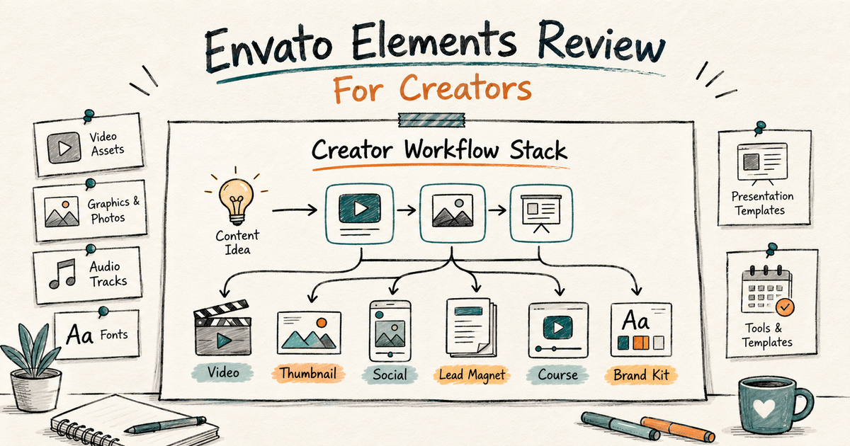 Illustrated creator workflow showing video, social, presentation, and marketing assets organized around one publishing system.