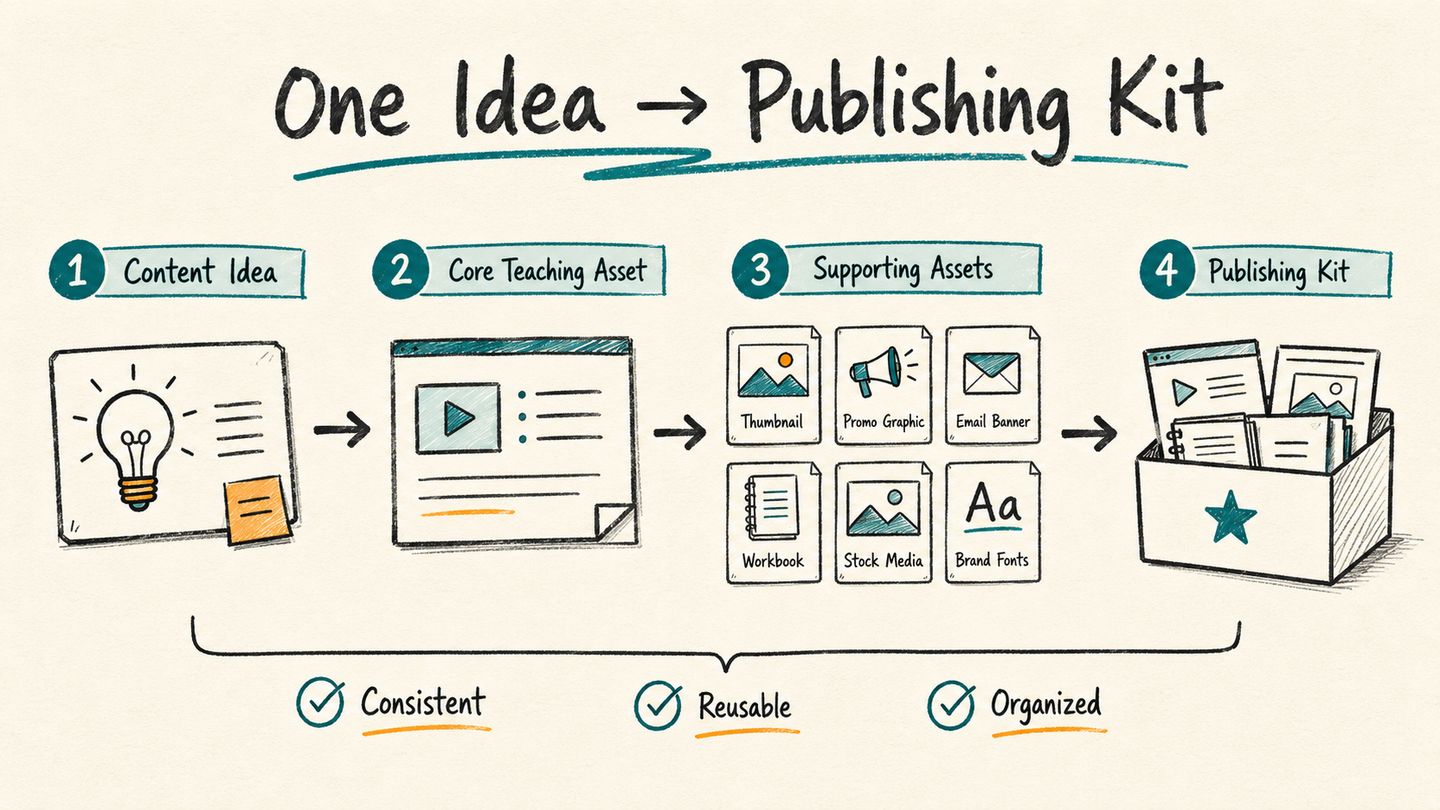 Clean creator workflow diagram showing one content idea moving into thumbnails, social graphics, a lead magnet, and presentation support assets.