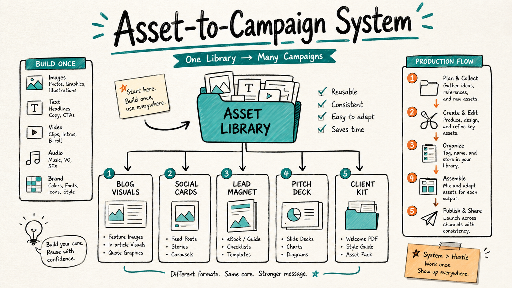 Broad campaign workflow showing how Envato Elements can support social graphics, decks, web assets, stock media, fonts, and occasional video in one content system.