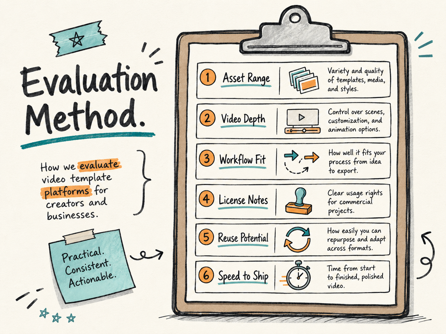Evaluation rubric for comparing Envato Elements and Motion Array by asset breadth, video depth, software workflow, licensing, and cost.