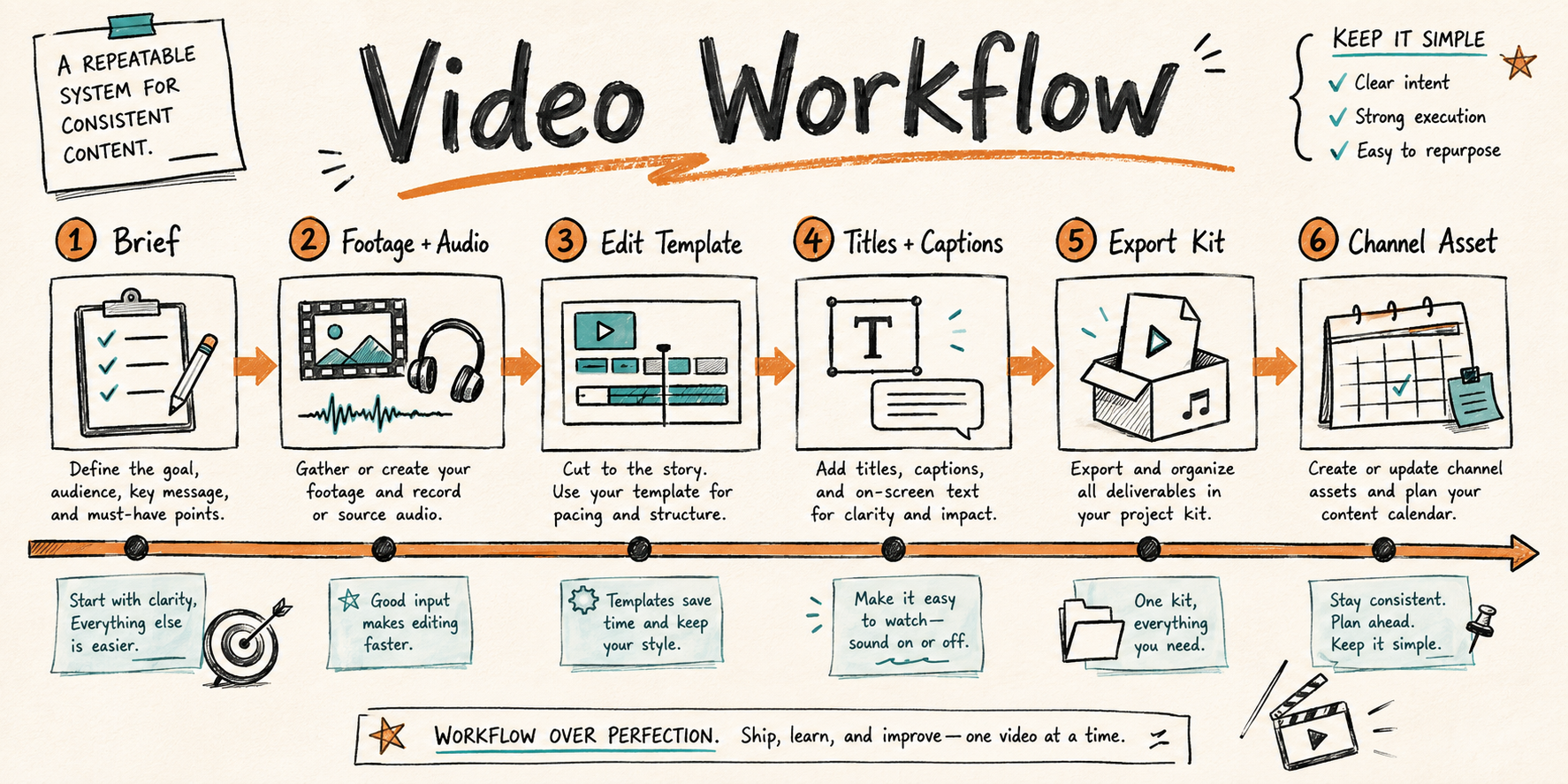 Video workflow strip showing editor-focused tasks such as footage, templates, music, sound effects, presets, and timeline delivery.