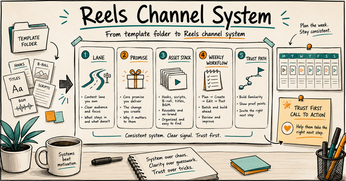 Sketchnote map showing a Reels channel system built from a content lane, promise, asset stack, weekly workflow, and monetization path.