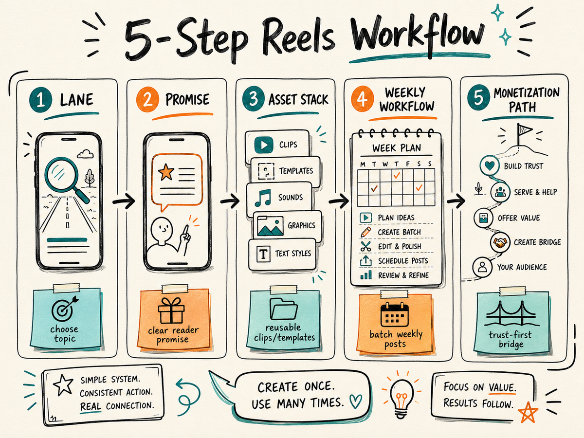 Five-step workflow diagram for building an Instagram Reels channel from a lane and promise through asset stack, weekly workflow, and monetization path.