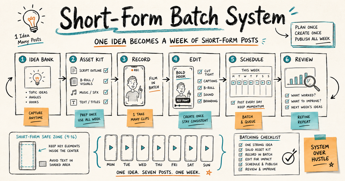 Sketchnote production board showing a short-form batch system from idea bank and asset kit through recording, editing, scheduling, and review.
