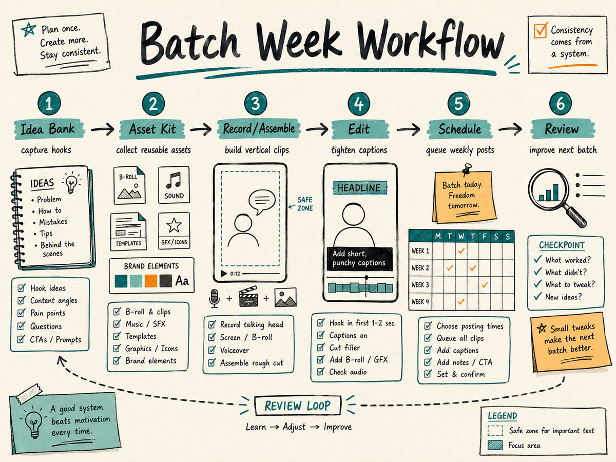 Six-step workflow diagram for TikTok short-form batch production, moving from idea bank to asset kit, recording, editing, scheduling, and review.