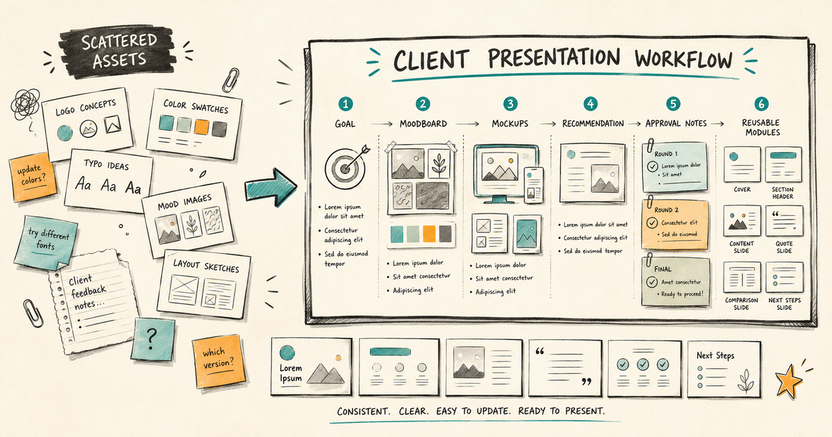 Hand-drawn before-and-after workflow showing scattered assets becoming an organized client presentation deck with goal, moodboard, mockups, recommendation, and approval notes.