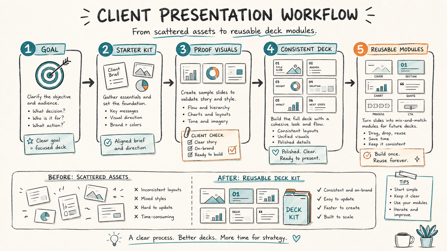 Five-step client presentation workflow from project goal and starter kit to proof visuals, consistent deck, and reusable modules.