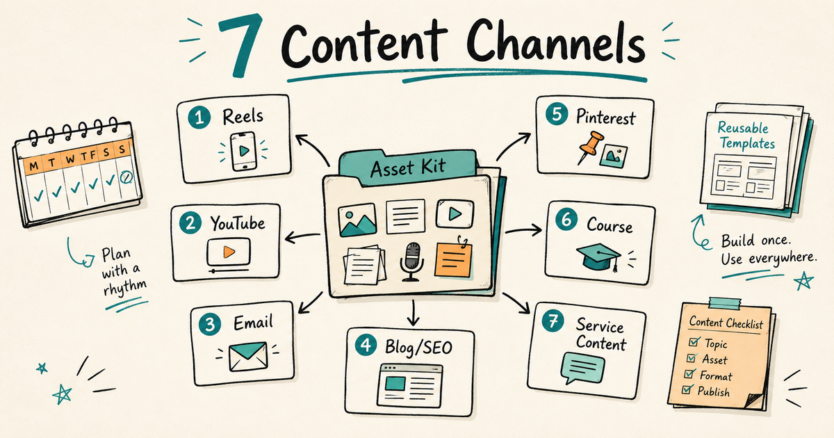 Hand-drawn map showing one creator asset kit feeding seven content channels: Reels, YouTube, email, blog, Pinterest, course content, and service content.