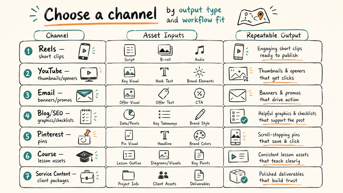 Matrix comparing seven creator content channels and the asset inputs used for each repeatable output.