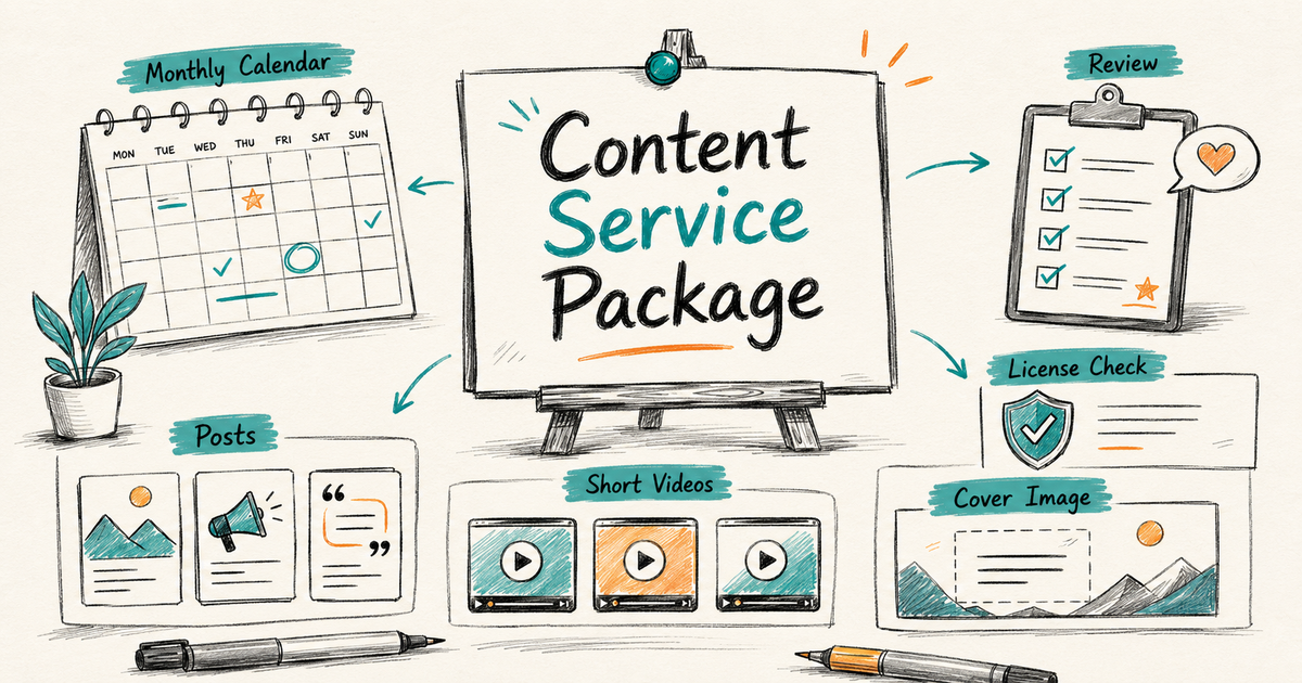 Hand-drawn content service package showing posts, short videos, cover image, monthly calendar, review round, and license check for a small business.