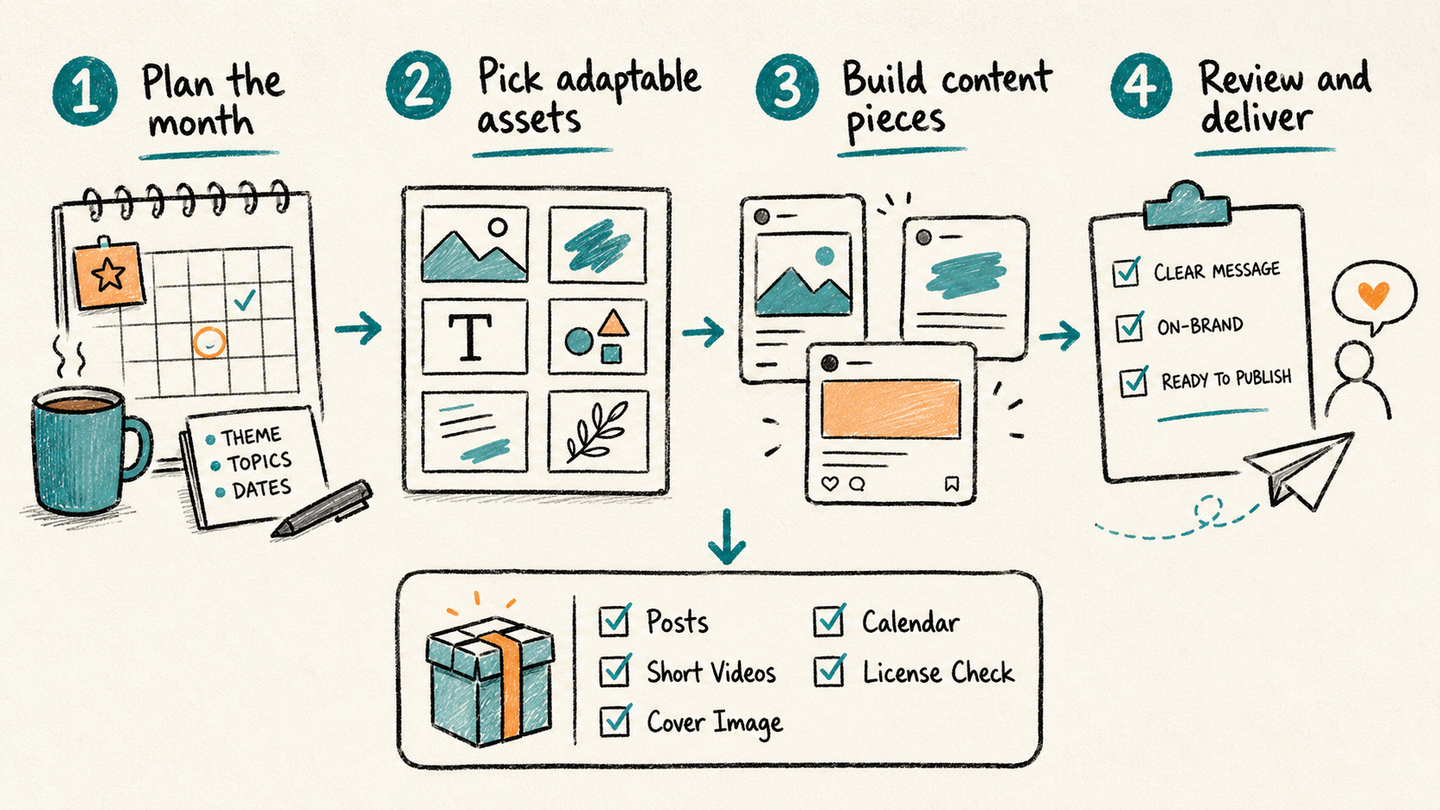 Four-step checklist for planning, building, reviewing, and delivering a monthly small-business content service package.