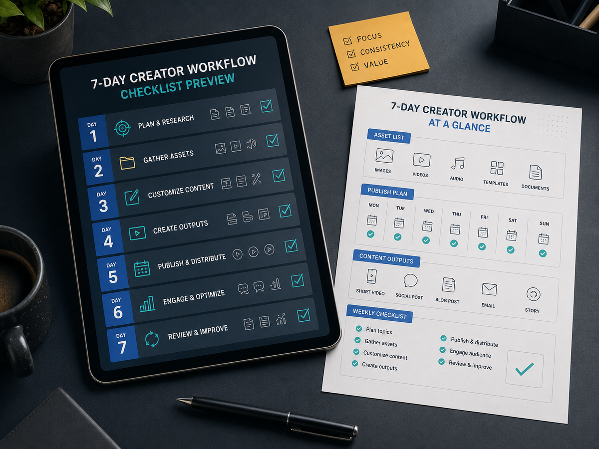 Preview mockup of a 7-day creator workflow checklist with daily tasks and asset planning rows.