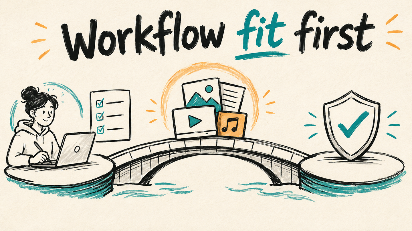 Hand-drawn PixelJetty sketchnote showing a creator workflow bridge from asset selection to licensed output.