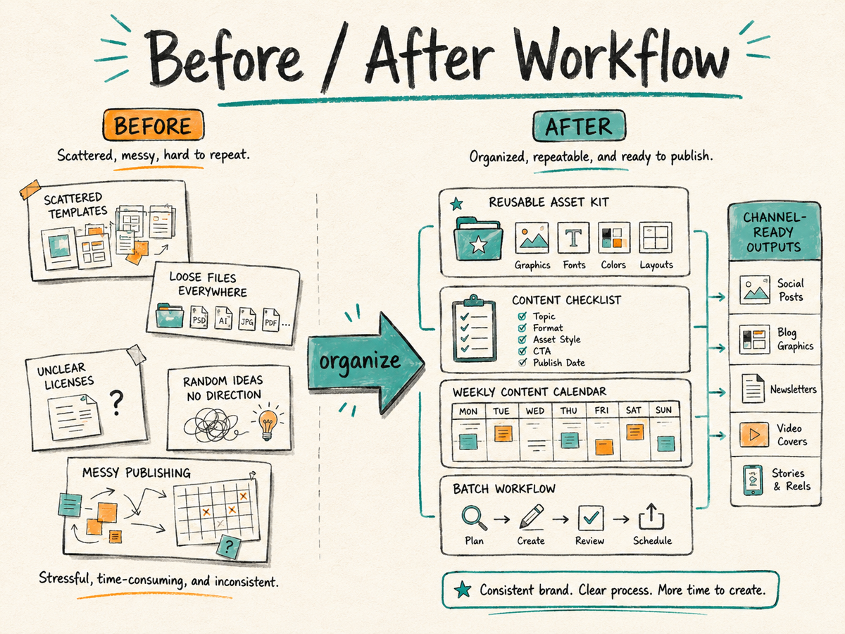Before and after workflow board showing scattered assets becoming an organized content workflow.