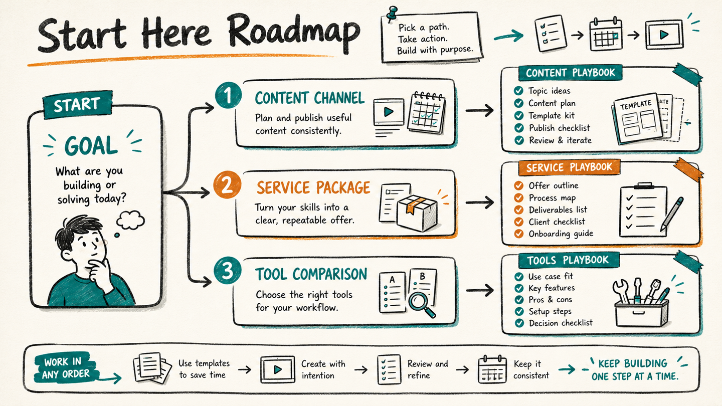 Decision tree routing PixelJetty visitors to playbooks, tutorials, or reviews based on their goal.