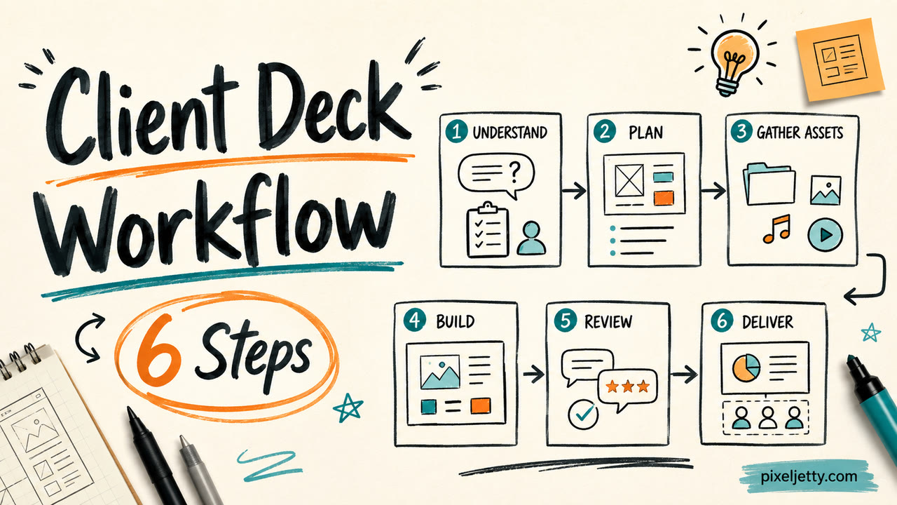 Hand-drawn six-step client deck workflow: understand, plan, gather assets, build, review, deliver.