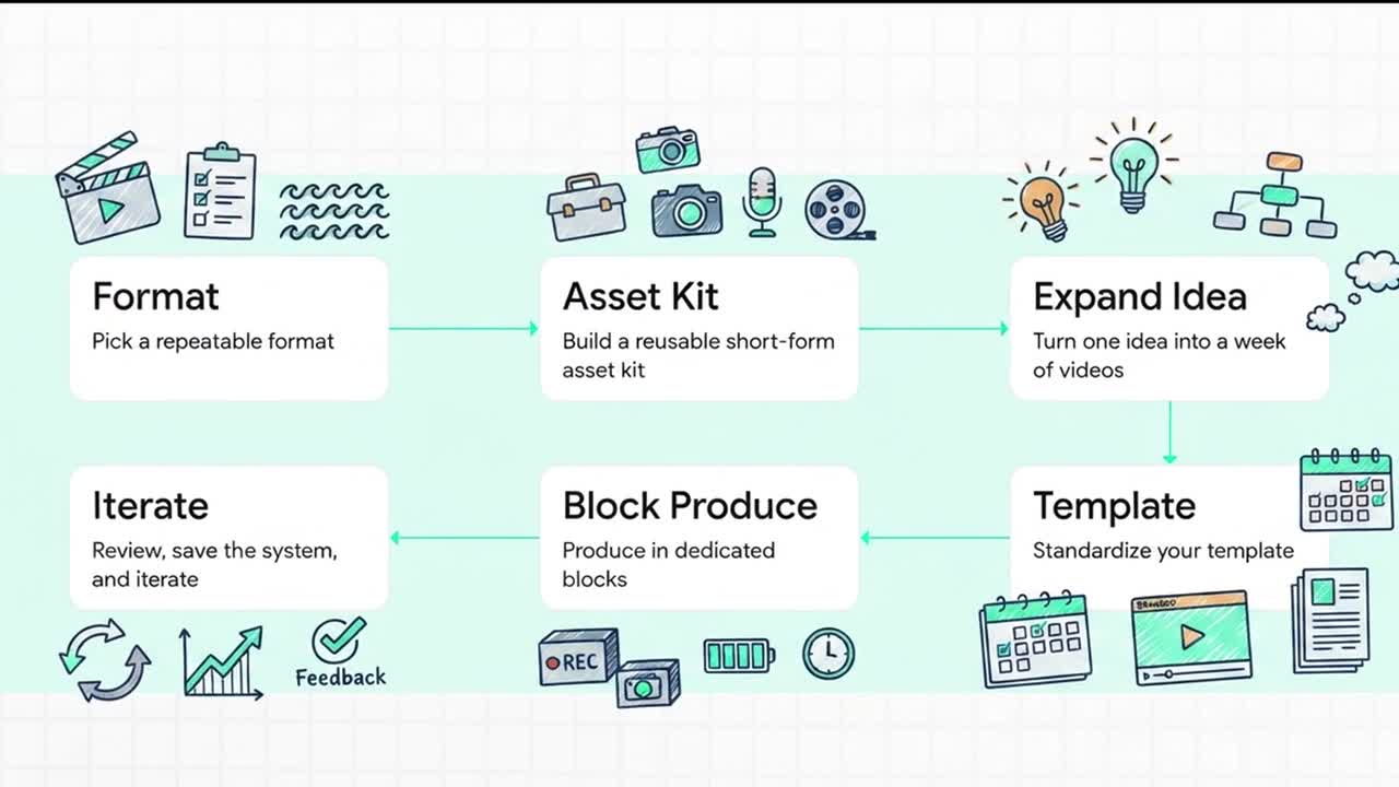 Hand-drawn six-step short-form batch system: format, asset kit, expand idea, template, block produce, iterate.