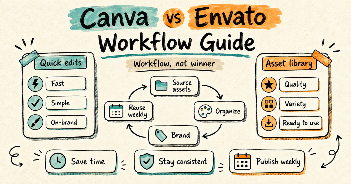 Sketchnote workflow map comparing quick edits with an asset library and a weekly reuse system.