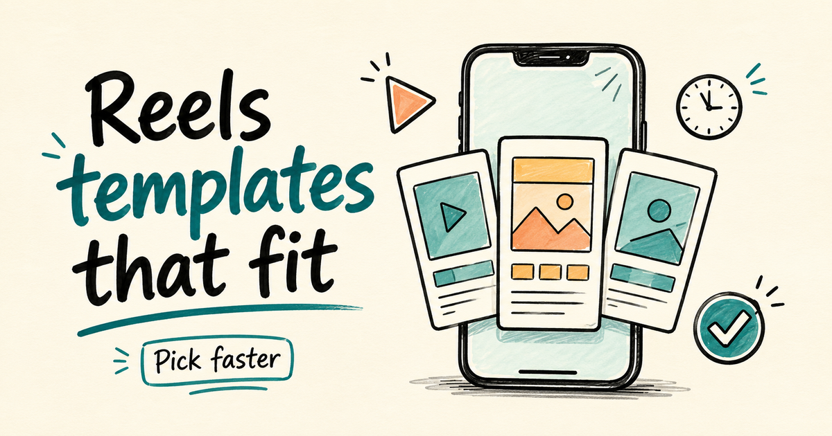 Focused sketchnote cover showing a phone and template cards for choosing Reels templates that fit.