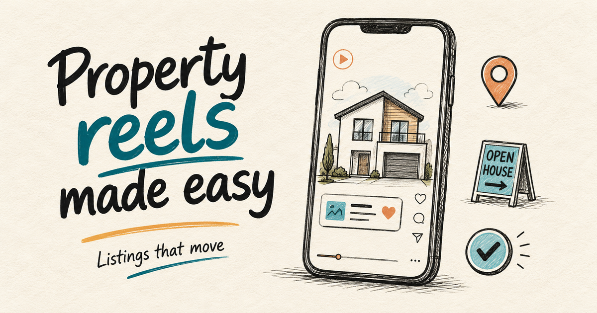 Focused sketchnote cover showing a property Reel layout for real estate listing videos.