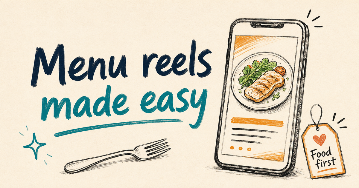 Focused sketchnote cover showing a menu Reel concept for restaurant short-form videos.